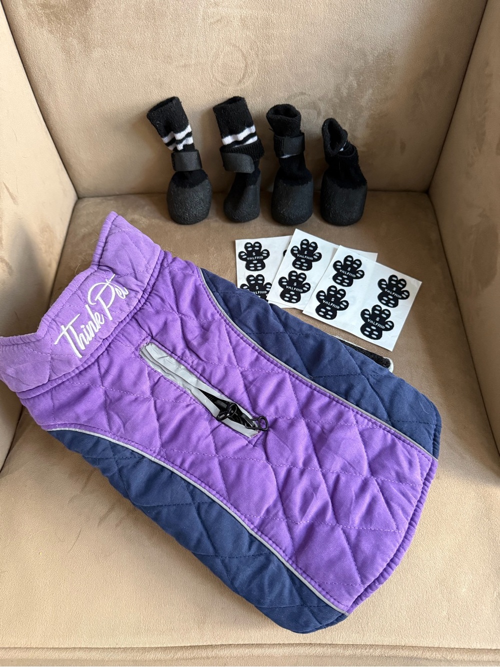 Think! Purple and Navy Quilted Pet Coat with Reflective Trim